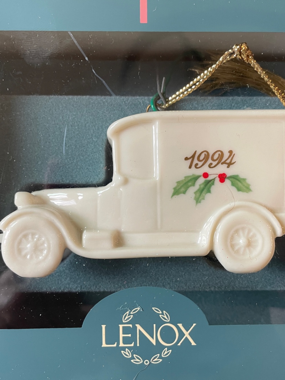 Lenox Cream Ceramic Holiday Truck Ornament with Green Holly and Gold Script
